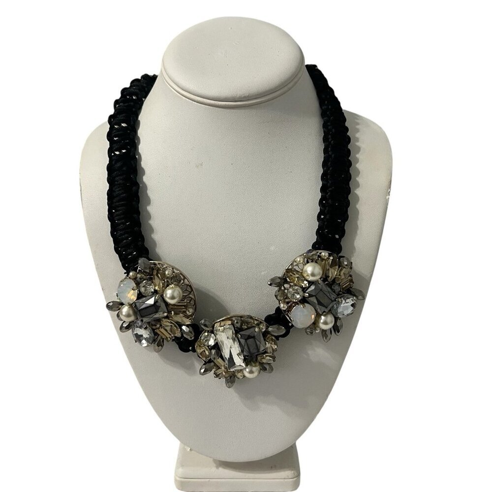Chico's Ella Bib Statement Necklace Black Cord Pearl Smoky Crystal Medallion